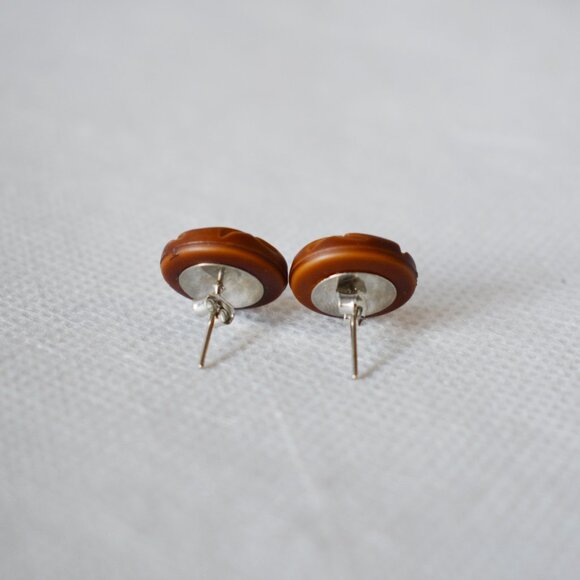 Brown Woven Button Stud Earrings - Picture 3 of 5